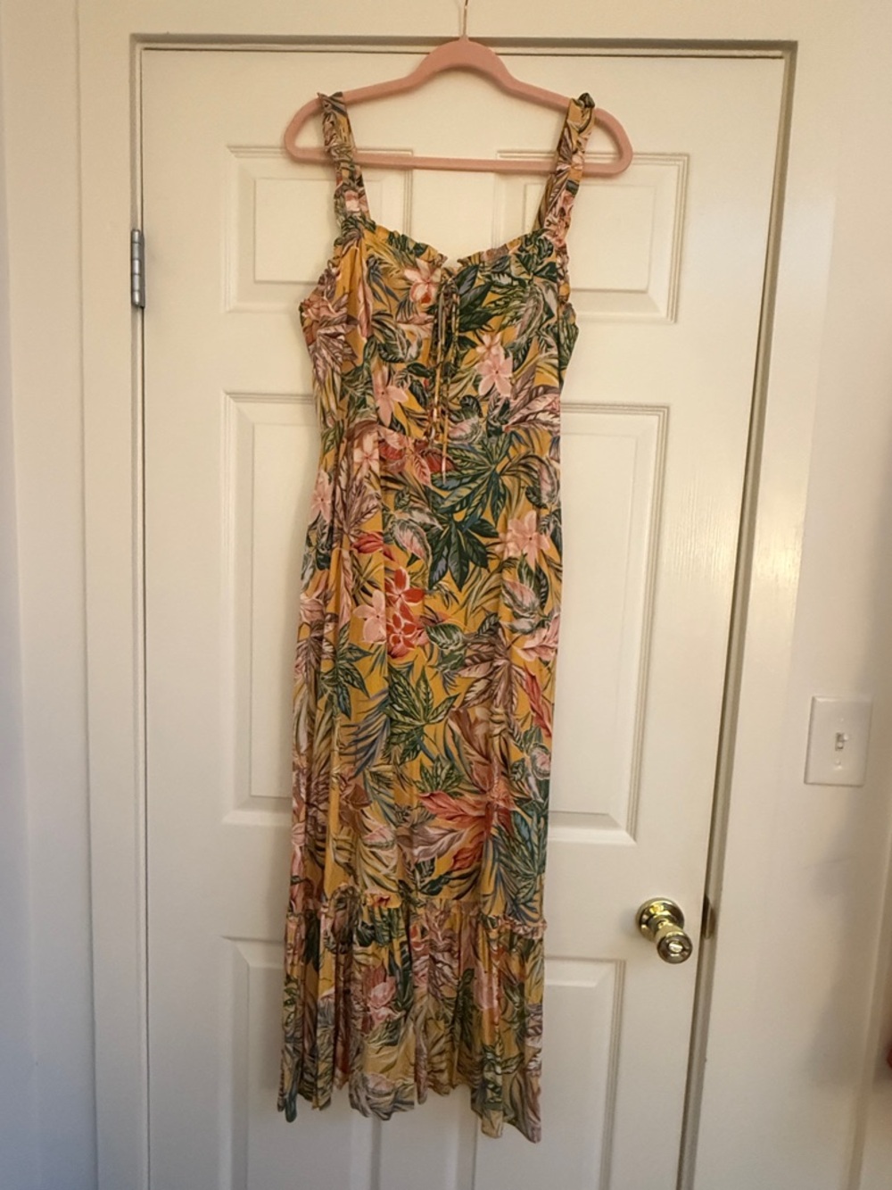 Forever New Tropical Floral Yellow Midi Sundress with front lace up